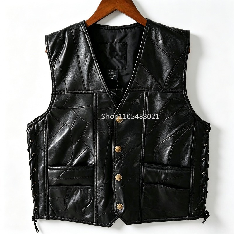 Motorcycle Gear Vest - Zwart patchwork leren biker vest voor