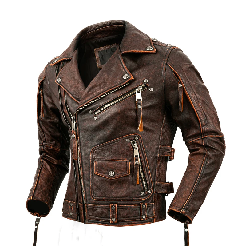 Riding Jacket Leather - Heren natuurlijk leer motorjas toplaag koeienhuid